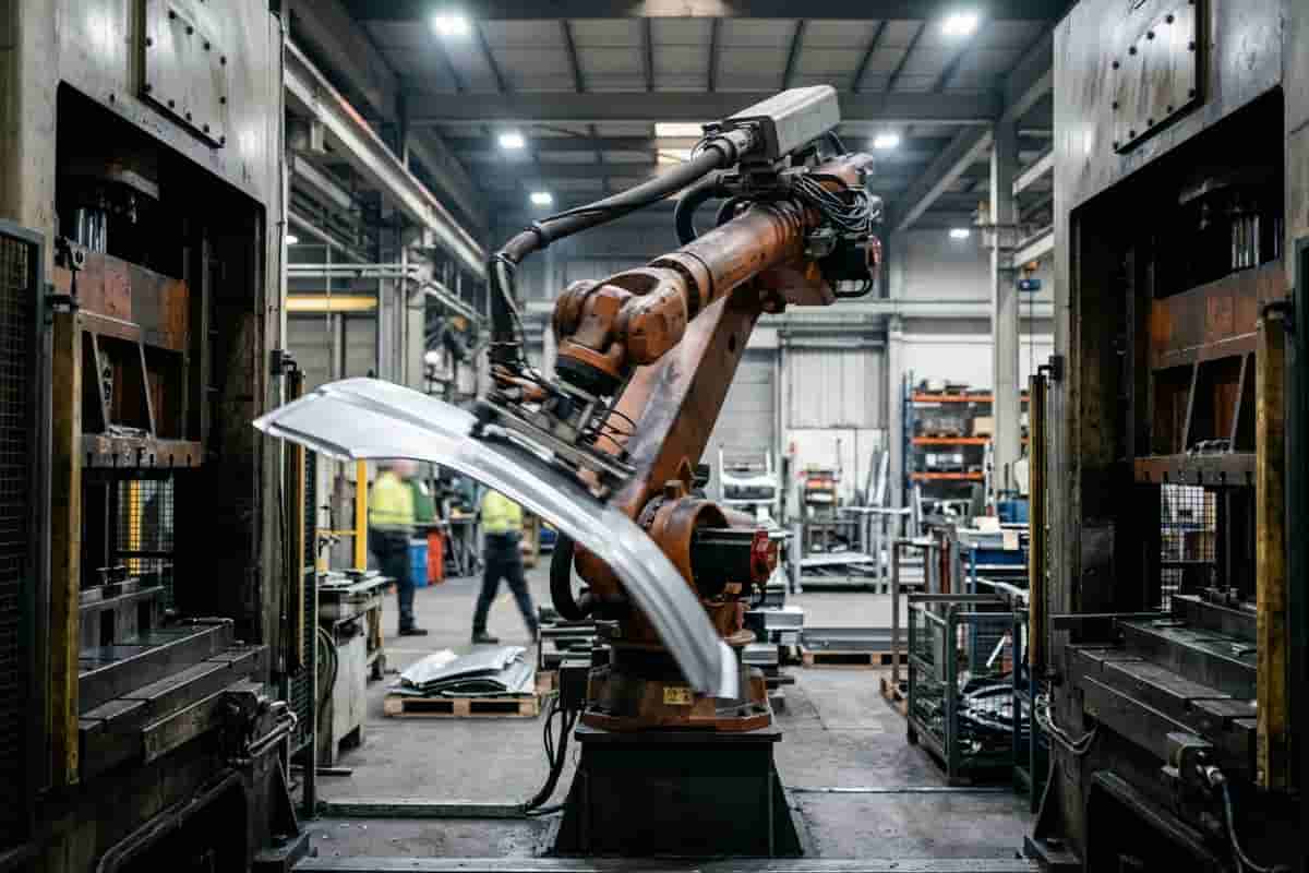 Automotive component press shop with robotic handling