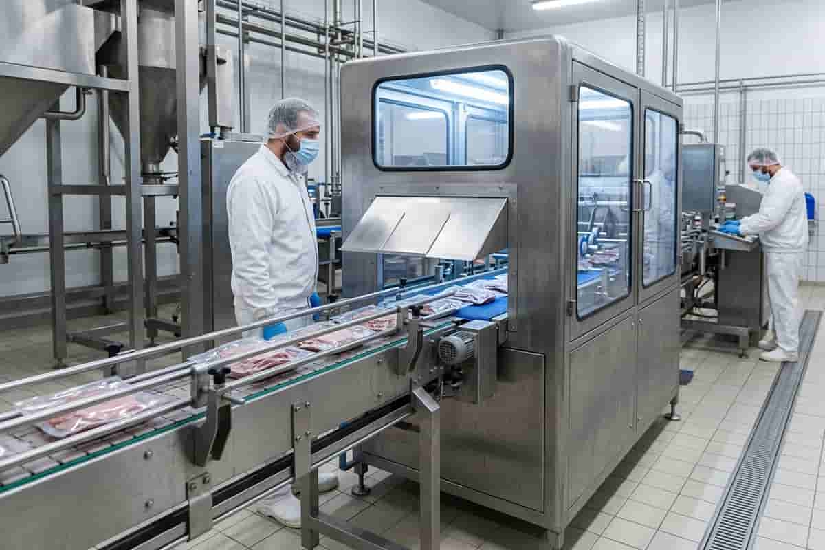 Stainless steel food processing line with conveyor and packaging equipment