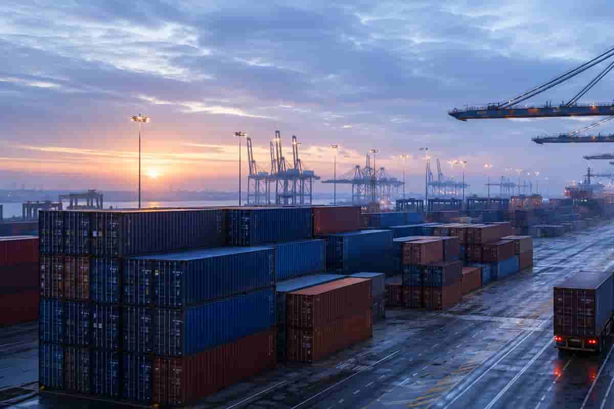 Container terminal at dawn with stacked freight and gantry cranes, operated as public sector infrastructure