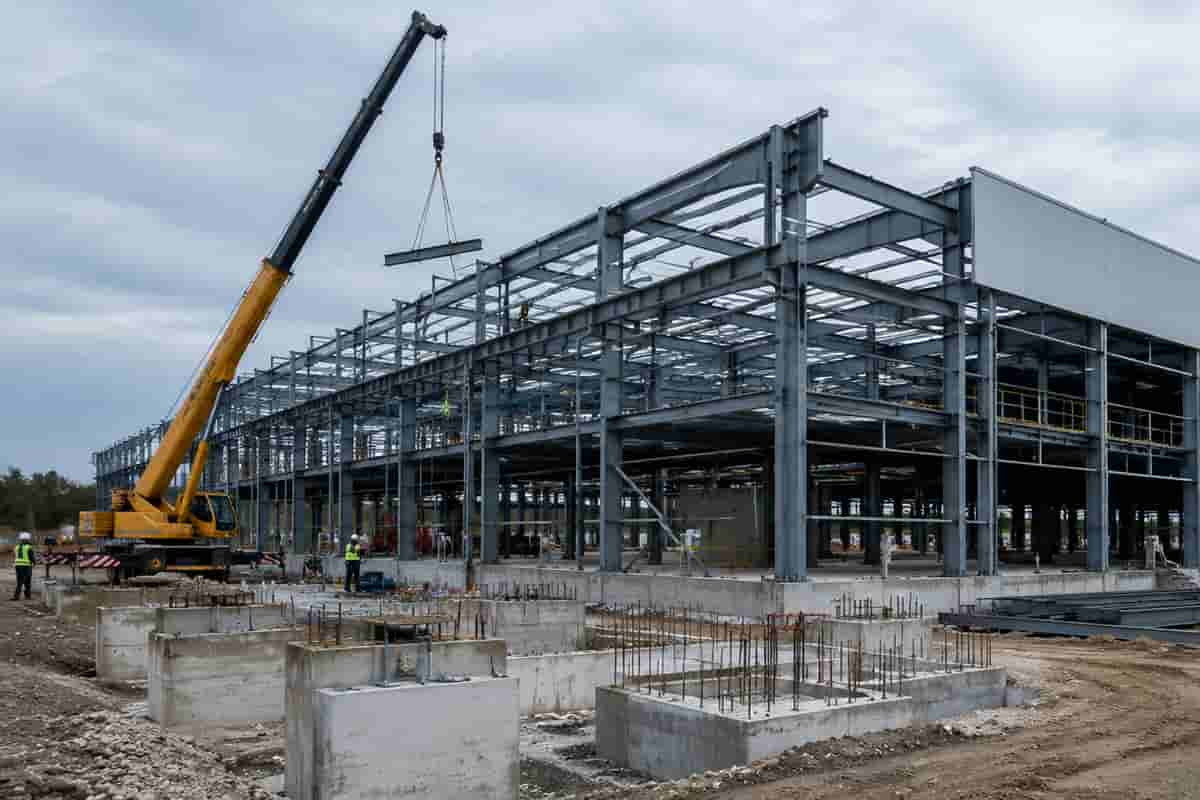 Industrial building under construction with a structural steel frame and mobile crane