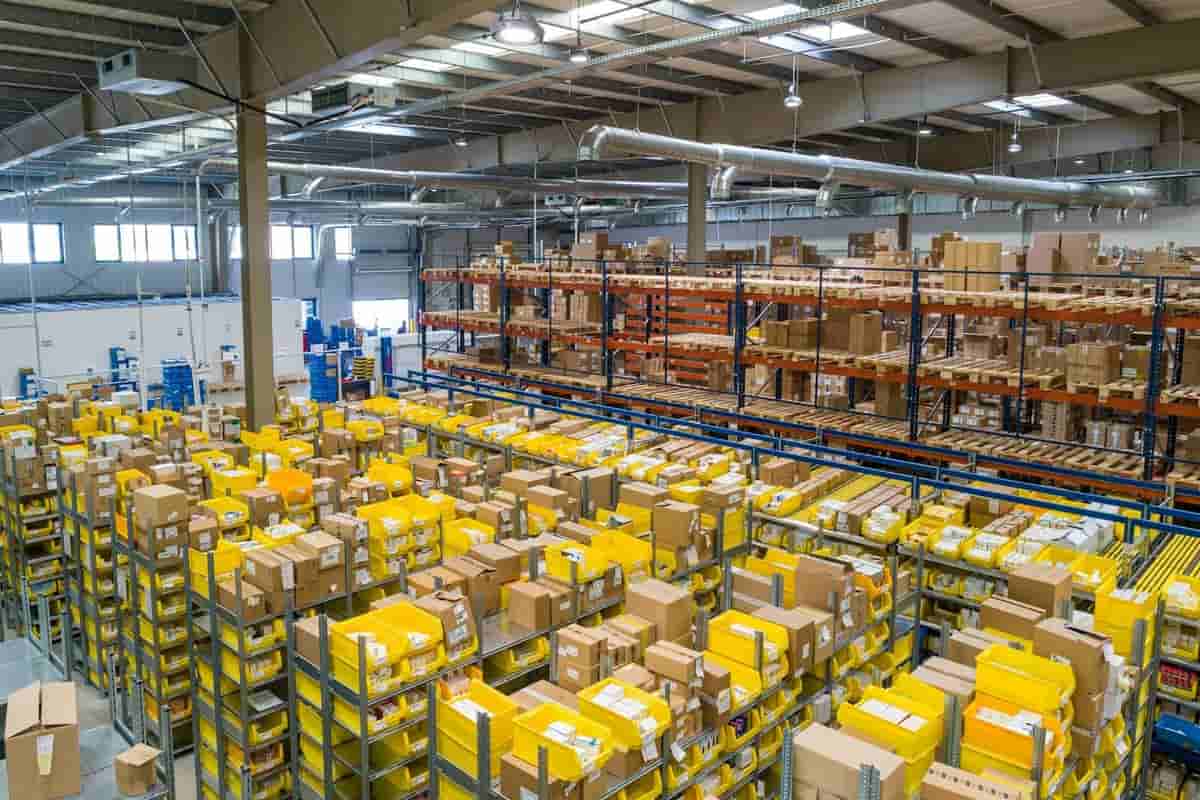 High bay warehouse interior with racking and material handling equipment