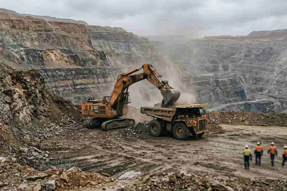 Open cast mine bench with haul trucks and excavator