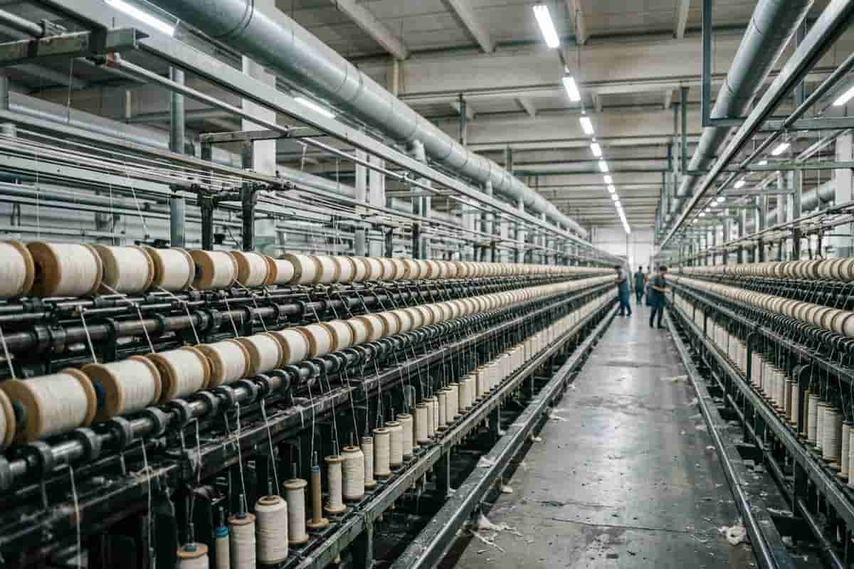Textile spinning hall with rows of ring frames